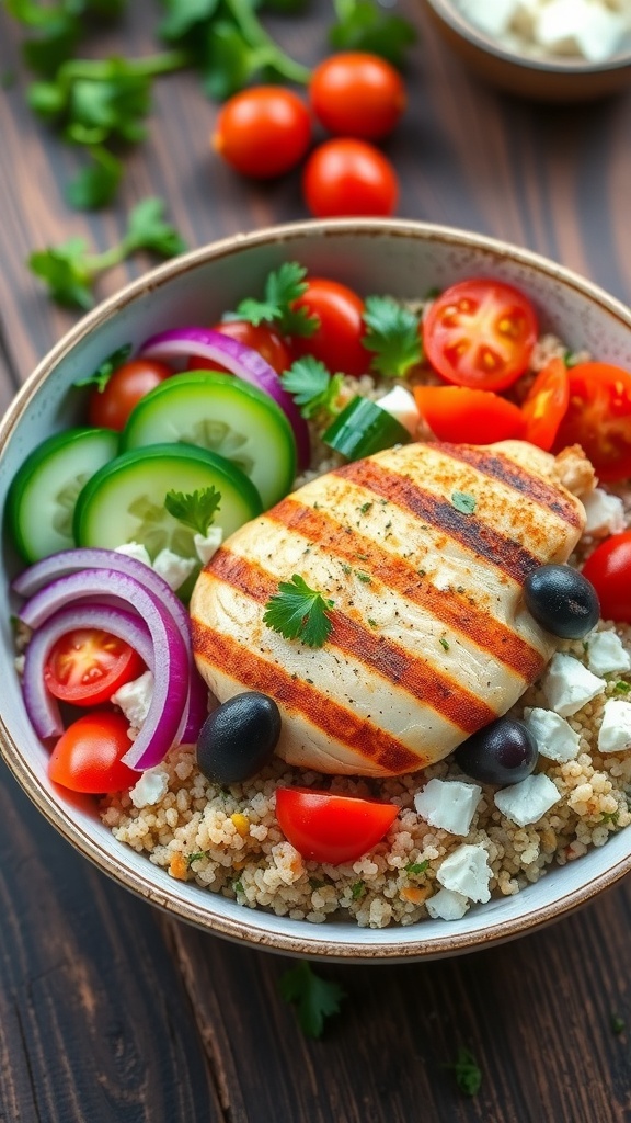 Quinoa Greek Chicken Bowl A quinoa Greek chicken bowl with grilled chicken, quinoa, tomatoes, cucumber, olives, and feta cheese, garnished with parsley.